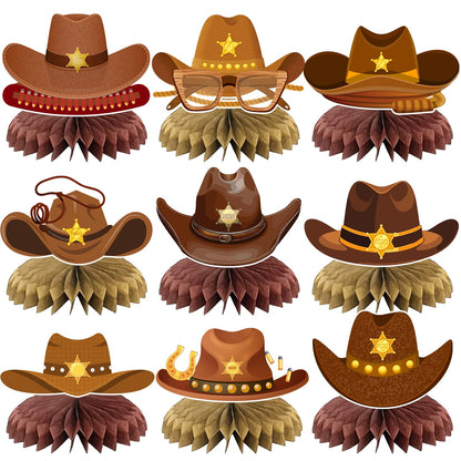 JIUJIUBER 9 Pcs Western Party Centerpiece Decorations Western Cowboy Hats Honeycomb Centerpieces for Tables Cowboy Themed Baby Shower Birthday Party