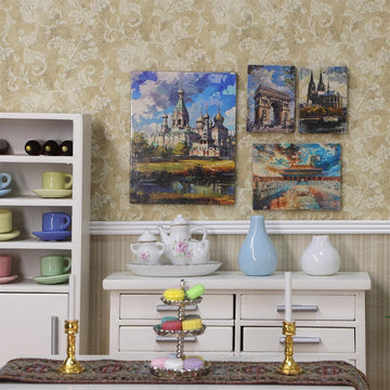 iLAND 1/12 Scale Accessories, 4 Miniature Dollhouse Pictures of Famous Architecture w/Boards