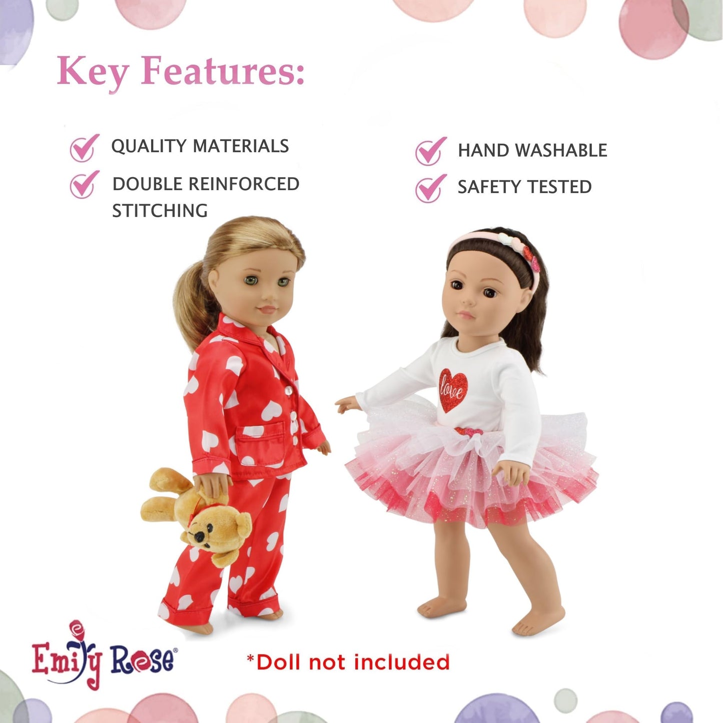 Emily Rose 18" Doll Valentine Holiday Bundle - 6-Piece Red Hearts Tutu & Pajama Set with Teddy Bear - Gift Boxed Clothes for 18 Inch Dolls