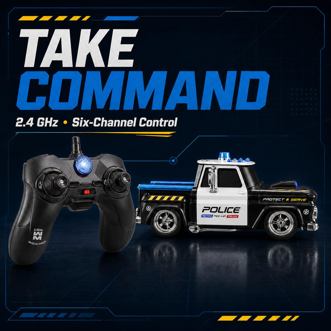 Remote Control Police Pickup Truck with Lights, Siren and USB Charging Toy