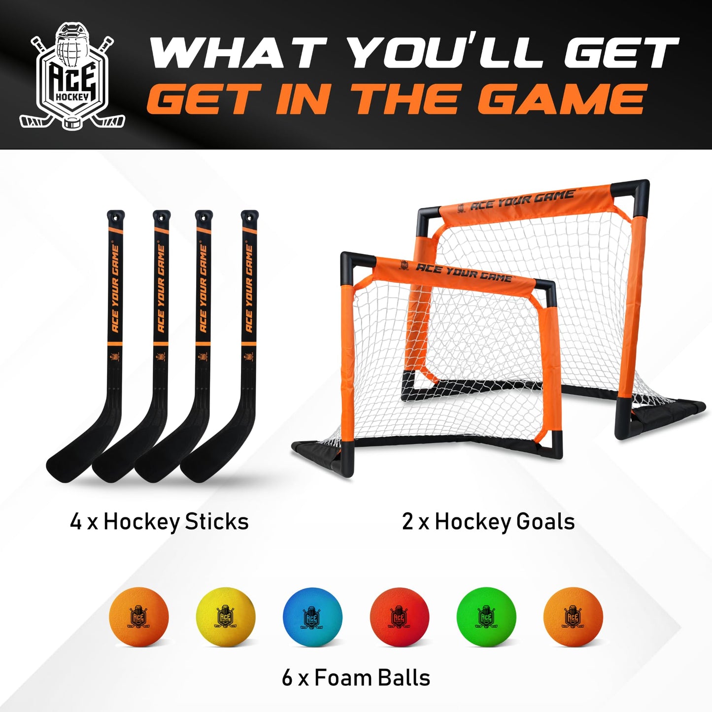 ACE HOCKEY - Shinny Hockey Set - Complete 4-Player Indoor/Outdoor Kit - Knee Hockey Goal Set (2) Goals, (2) Mini Sticks, and (6) Foam Balls - Mini