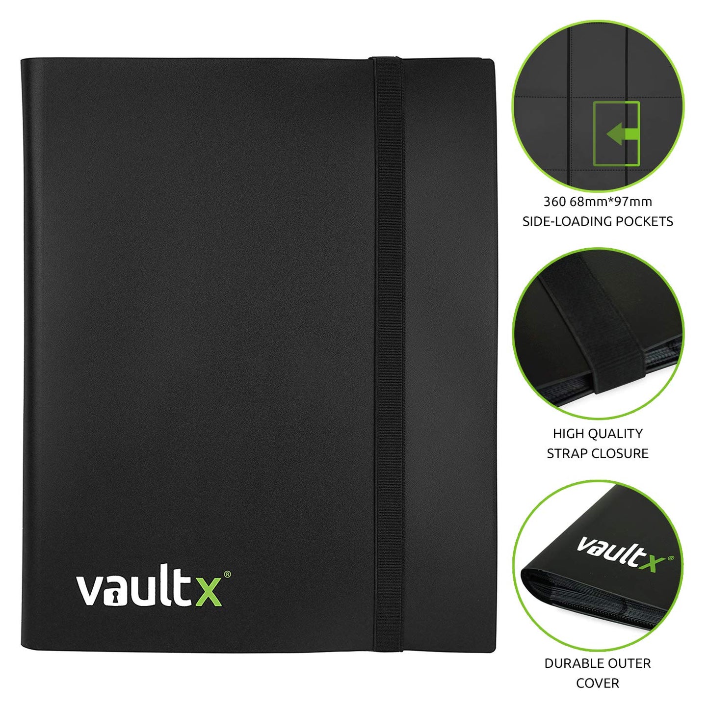 Vault X 9 Pocket Standard Strap Binder, Holds 360 Trading Cards in 20 Side-Loading Pages (Black)