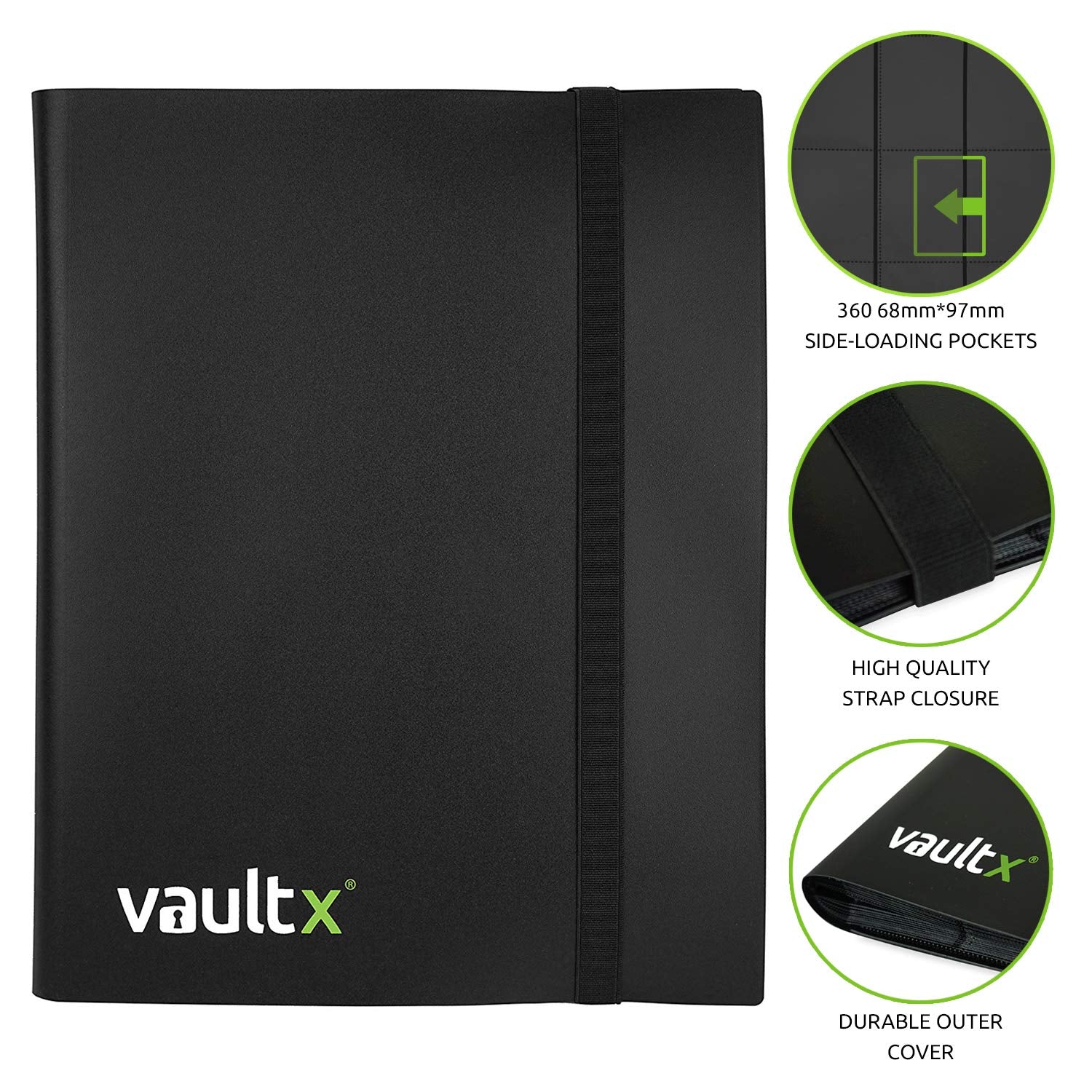 Vault X 9 Pocket Standard Strap Binder, Holds 360 Trading Cards in 20 Side-Loading Pages (Black)