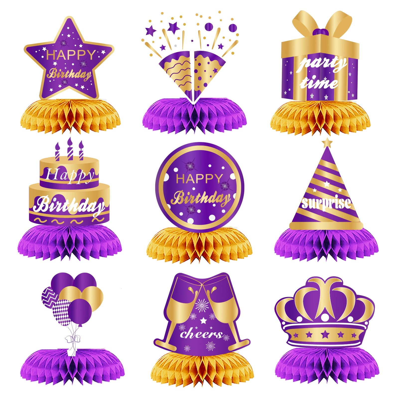 WINPOGEE Purple Gold 9pcs Birthday Decorations Honeycomb Centerpieces for Women Men Happy Birthday Table Topper Decor