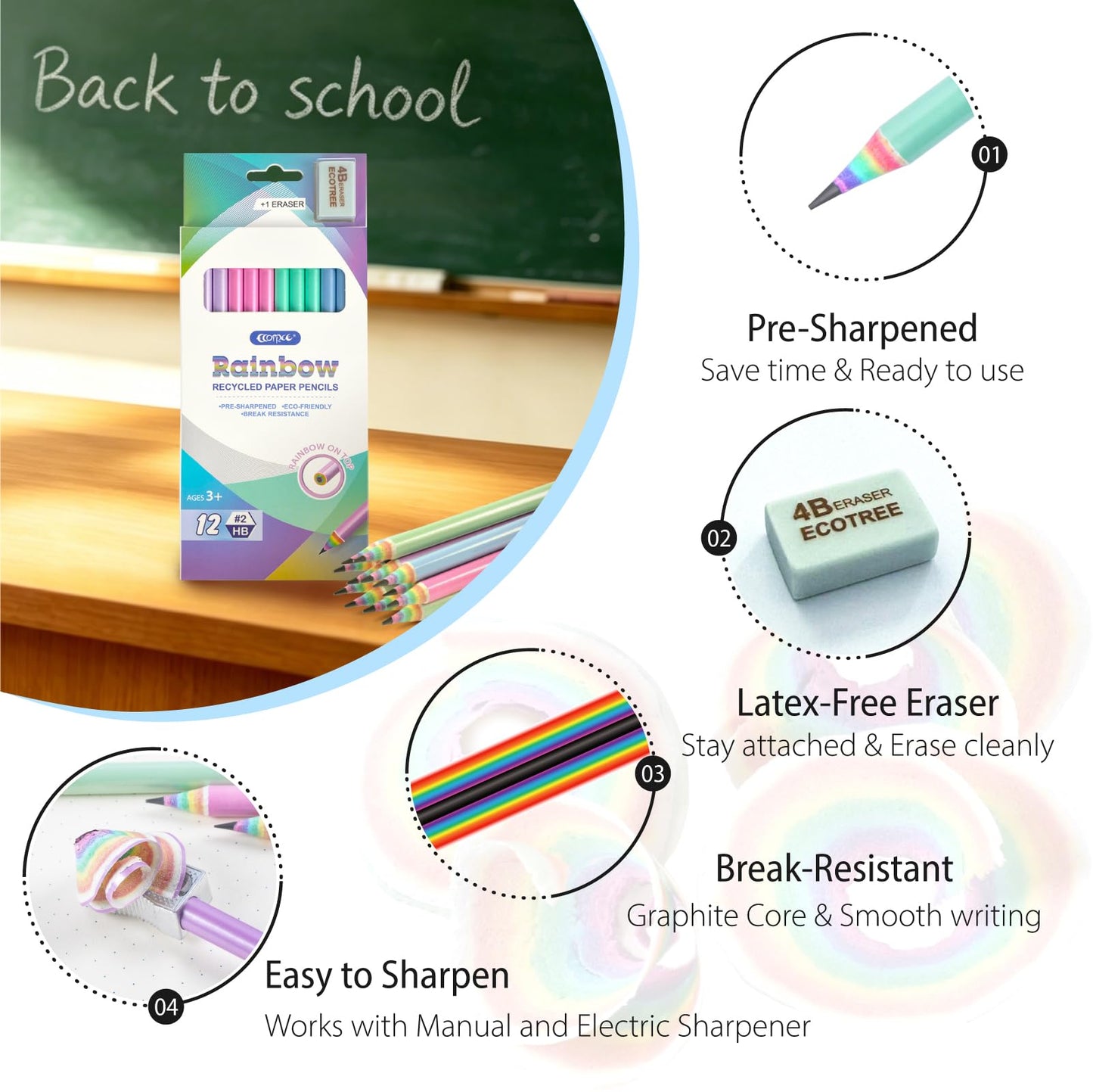 ECOTREE Pre-Sharpened Pencils #2 Eco Rainbow Paper Pencil for Kids Cute Number 2 Pencils with Erasers for School, Writing,12 Count