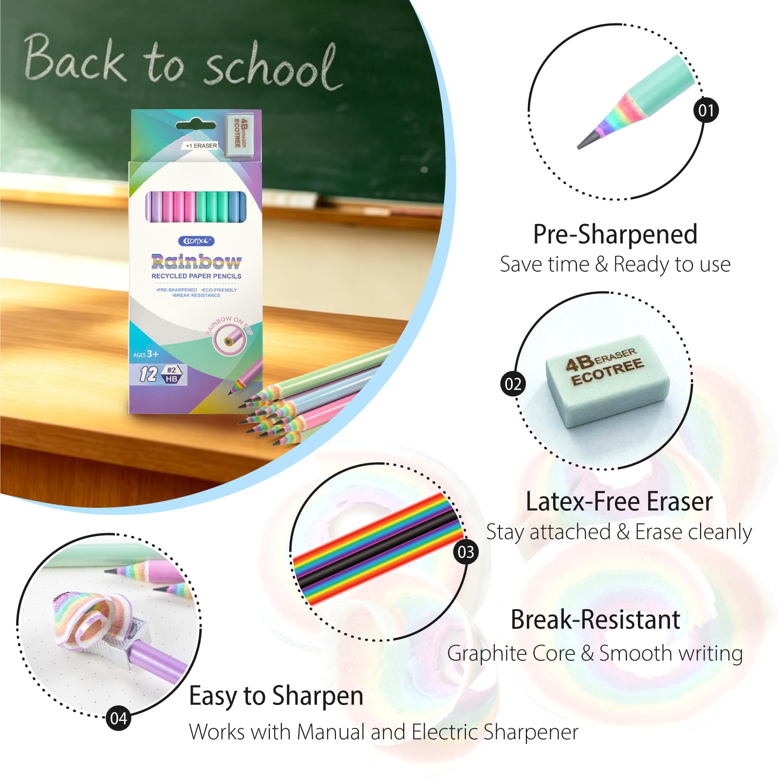 ECOTREE Pre-Sharpened Pencils #2 Eco Rainbow Paper Pencil for Kids Cute Number 2 Pencils with Erasers for School, Writing,12 Count
