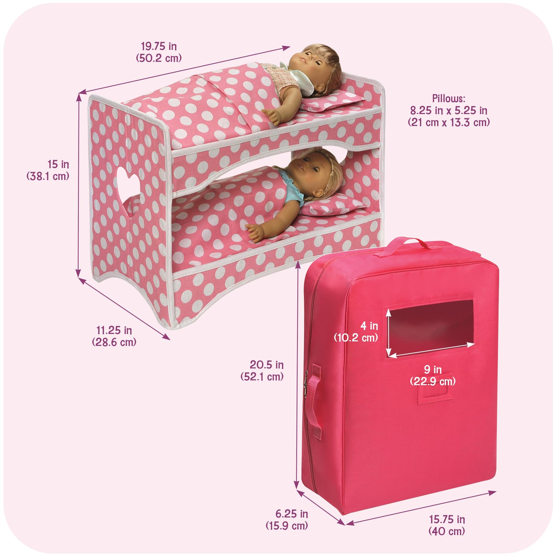 Badger Basket Double Doll Travel Case - Fits 18 Inch Dolls - Includes 2 Doll Beds, Blankets, Storage Compartments, Carry Handle - Lightweight Portable