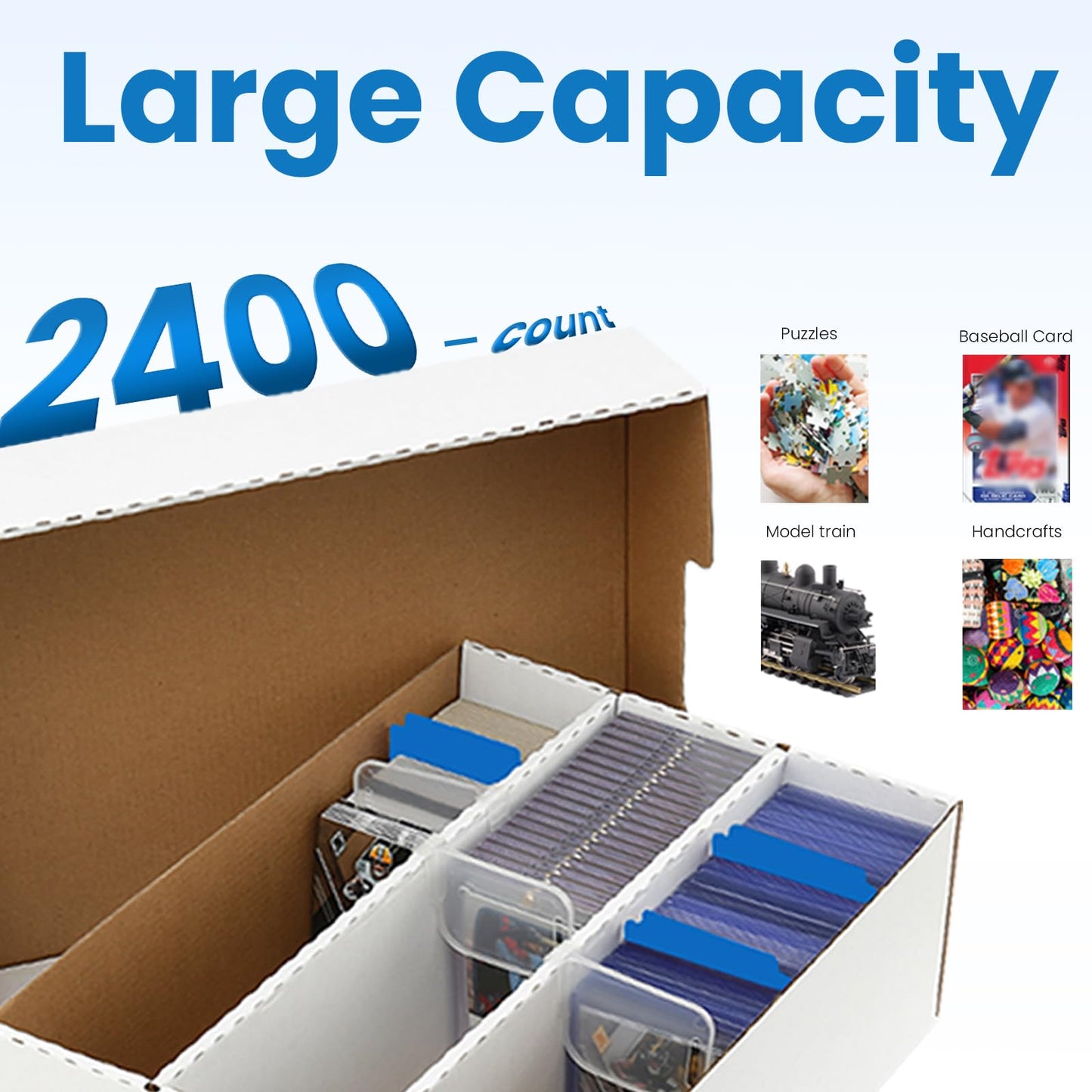 MZONGZI 3 Row Trading Card Storage Box - Holds 2400 Cards, Fits Toploaders & Magnetic Cases, Includes 50 Sleeves, 8 Dividers & 3 Supports - Sport Card