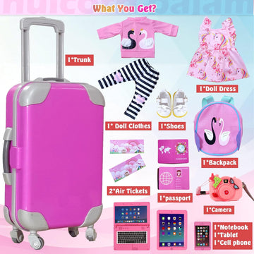 ARTST 14-Inch-Girl-Doll-Travel-Suitcase-Play-Set Doll- Clothes- Accessories Including Luggage Cute Backpack 2 Sets of Clothes- Shoes Camera Computer