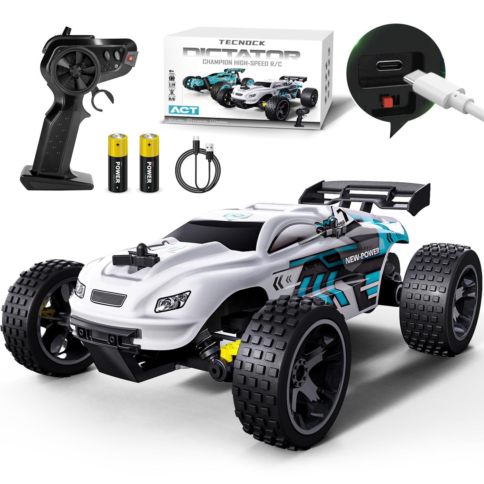 Tecnock RC Cars Remote Control Car for Kids, 1:18 Scale 20 KM/H 2WD Offroad Buggy, 2.4GHz RC Racing Car with USB-C Easy Charging & 50 Mins Playtime