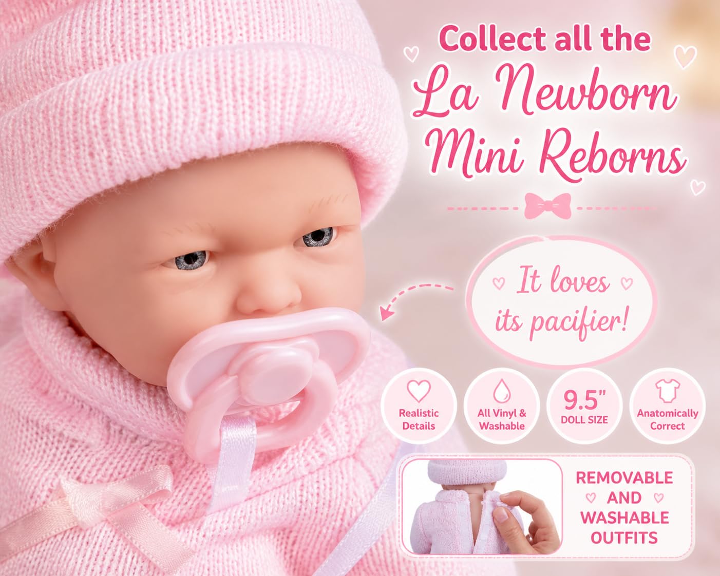 JC Toys - Mini La Newborn First Day | Anatomically Correct Real Girl Baby Doll | 9.5" All-Vinyl | Includes Knit Outfit, Hat and Pacifier | Designed by
