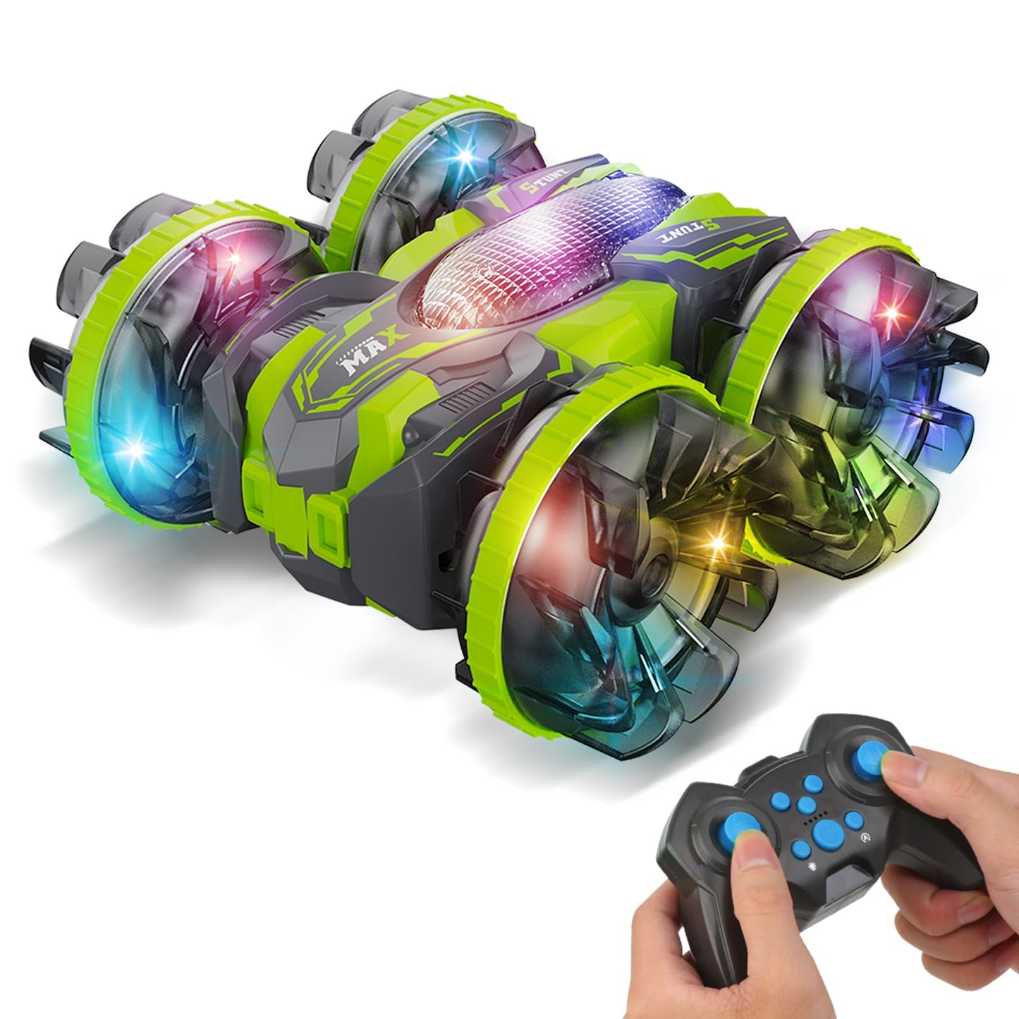 MOMONOVA Amphibious RC Stunt Car for Kids 4-12, Waterproof Remote Control Car with Colorful LED Wheels, 4WD Double-Sided 360° Flips, Car Toy for Pool