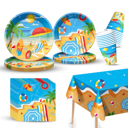 Beach Party Decorations Set Includes Plates, Napkins, Cups and Tablecloth for Beach Themed Party Decorations, Serve 24