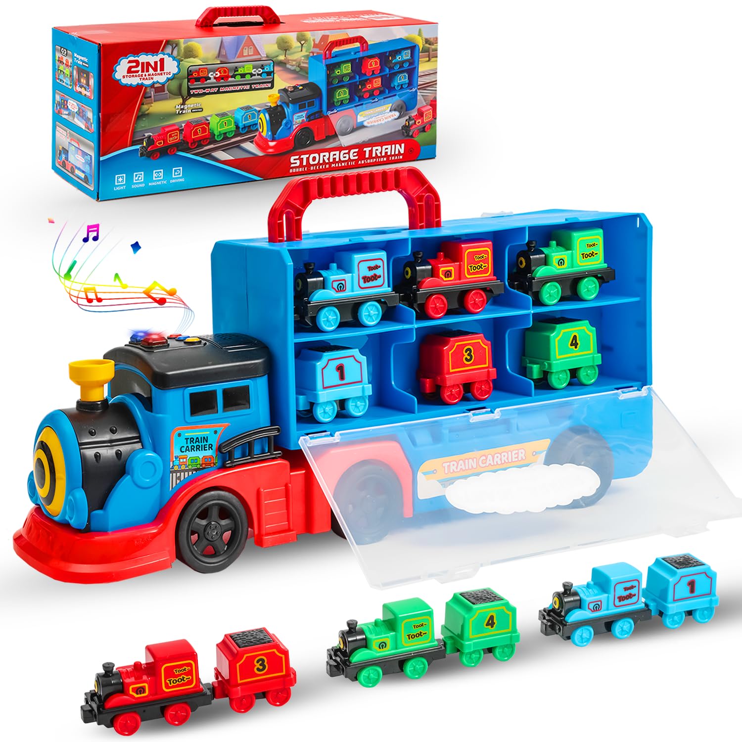 Trucks Toys for Toddler, Transport Truck Train Set with Light and Sound, 1 Transport Toy Trucks,6 Magnetic Trains, Kids Birthday Gifts.