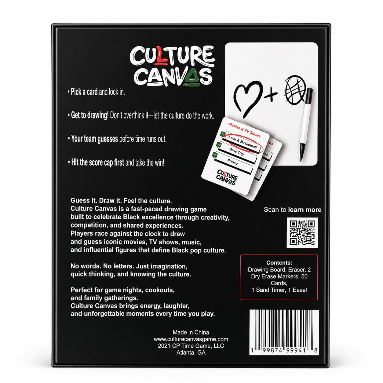 CP TIME Culture Canvas Drawing Party Game Celebrating Black Culture, 300+ Cards, 7 Categories, with Whiteboard, Markers, and Sand Timer, for Ages 8