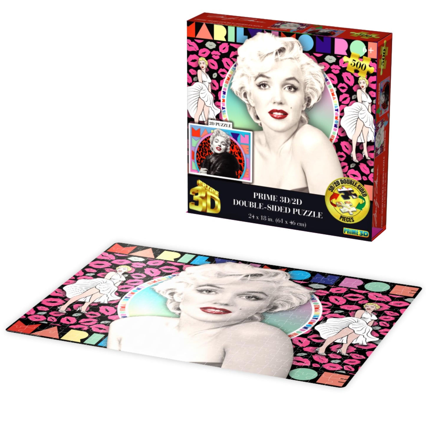 Prime 3D | Marilyn Monroe | 500 Piece 3D/2D Double-Sided Jigsaw Puzzle for Adults & Kids | Finished Size 24" x 18" | Challenging & Fun for Adults