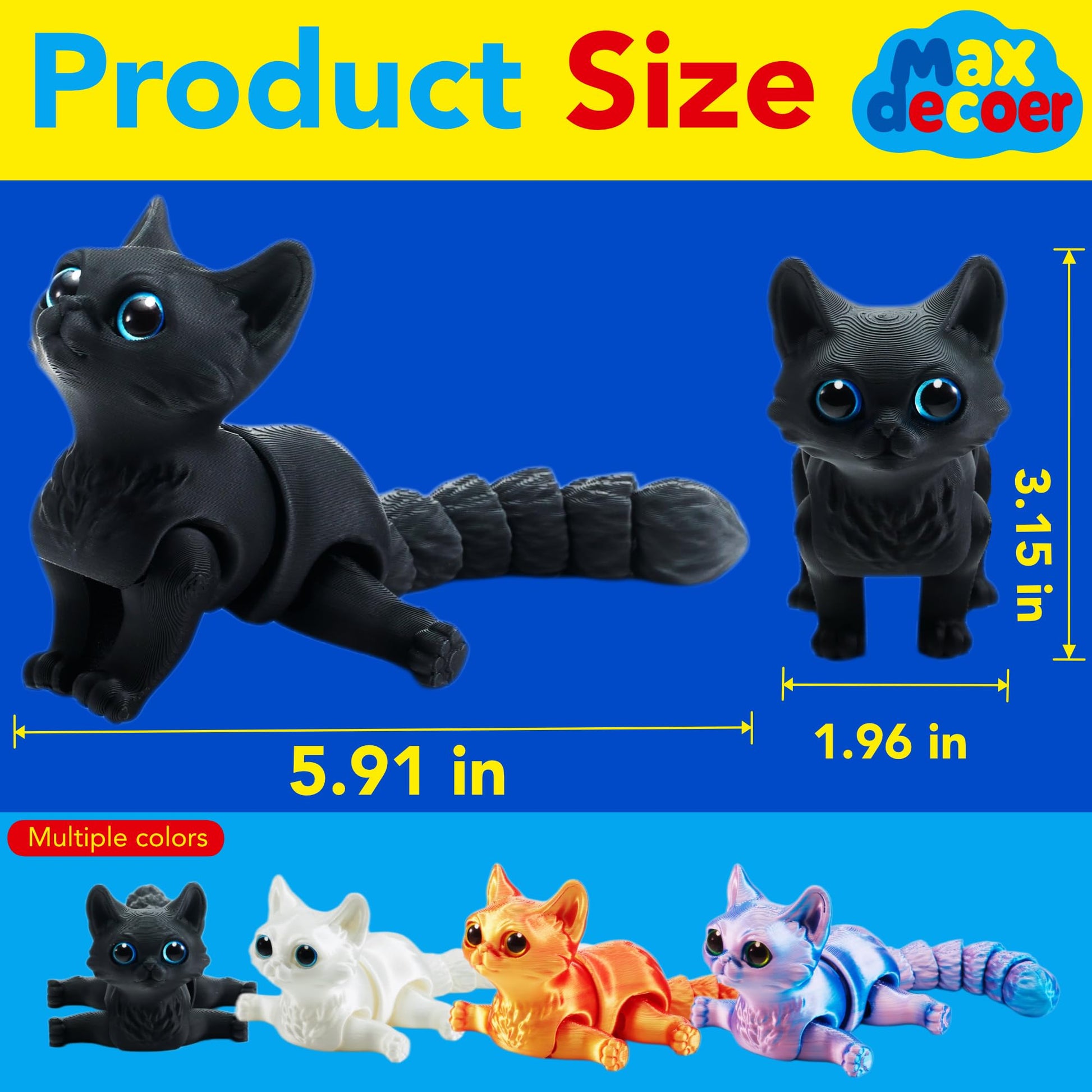 Maxdecoer 3D Printed Articulated Cat Fidget Toy, Poseable Flexible Joint Kitty Desk Toy, Big-Eye Cat Figurine Desktop Decor, Stress Relief Gift (Matte