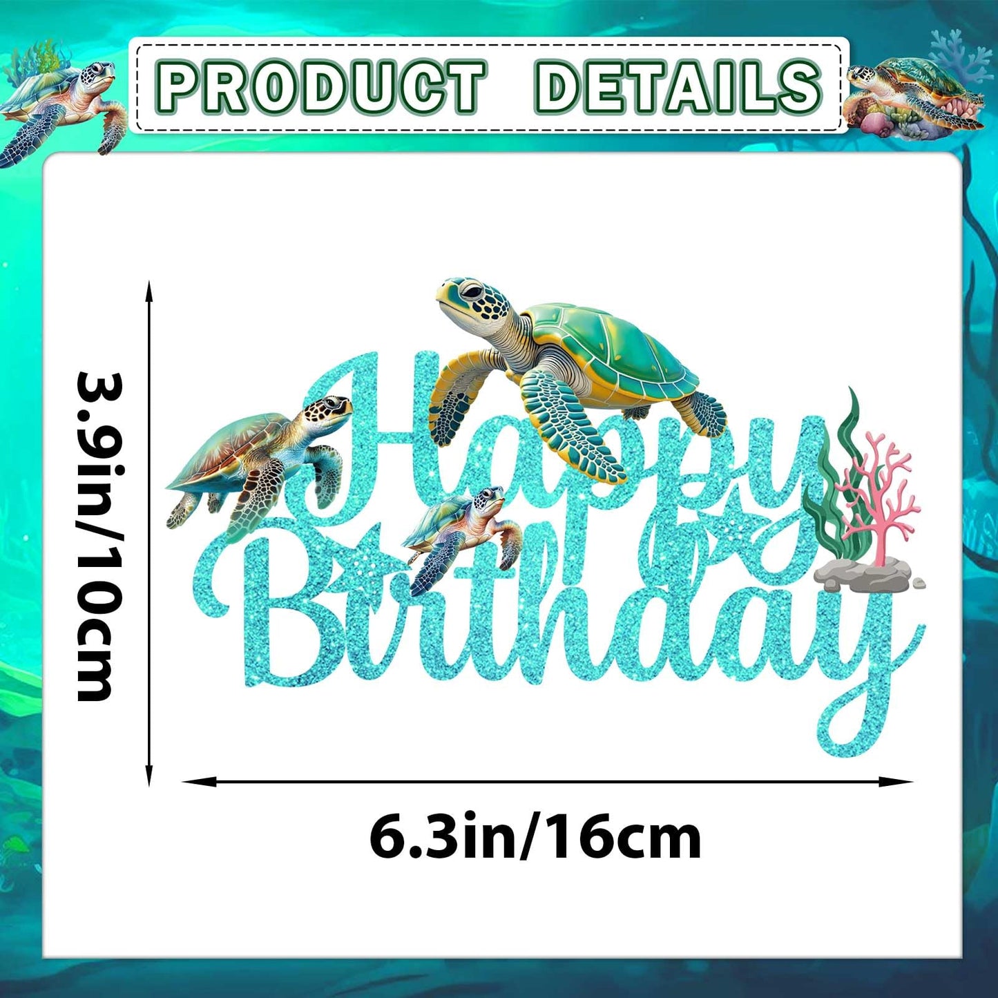 Sea Turtle Cake Topper Blue Glitter Sea Turtle Birthday Decorations Under the Sea Ocean Cake Decorations