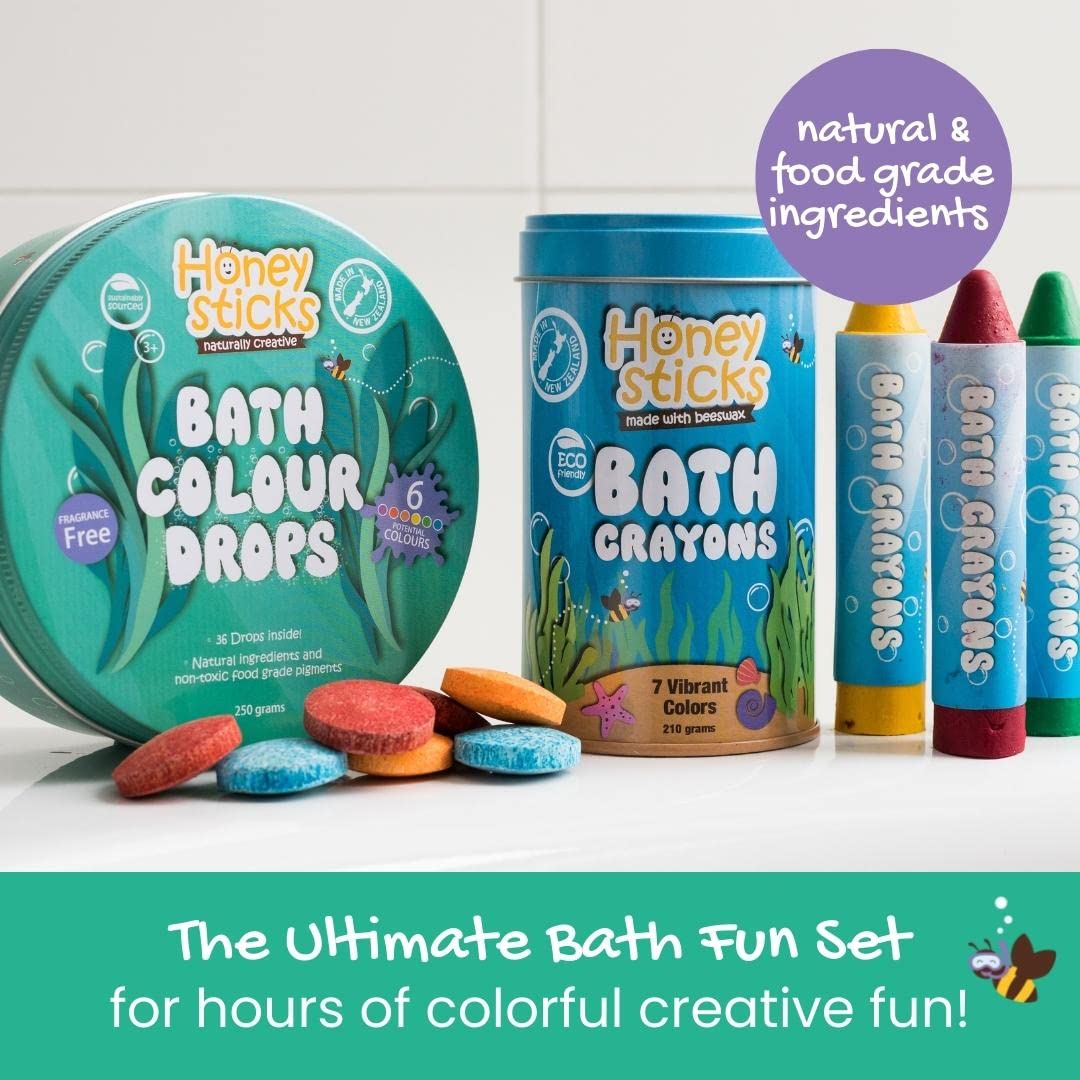 Honeysticks Ultimate Bath Fun Set - Non Toxic Bath Crayons (7 Pack) and Bath Color Tablets (36 Drops) for Hours of Creative Bathtub Fun - Natural