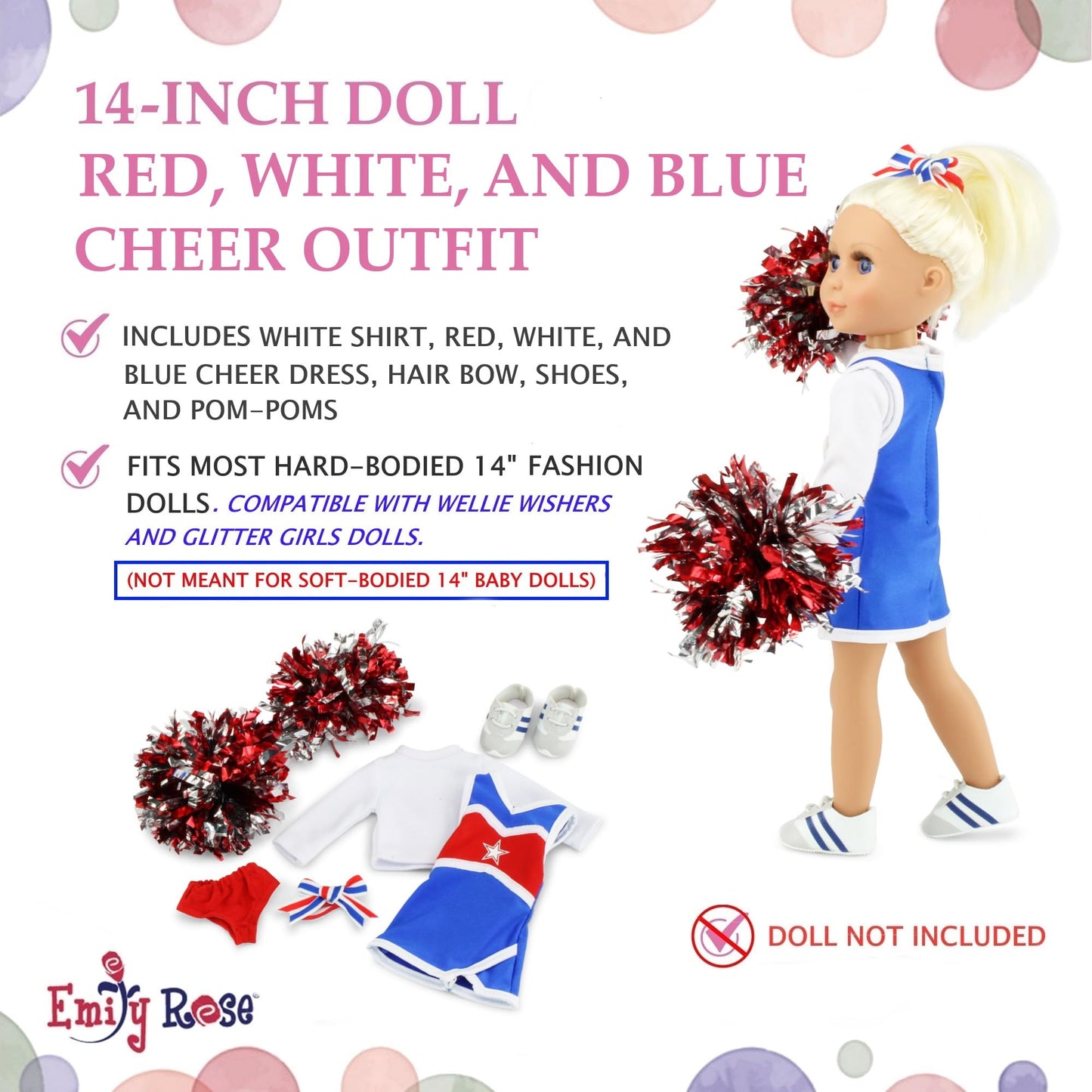 Emily Rose 14" Doll 6-Piece Complete Cheerleader Outfit Set with Pom-Poms & Gym Shoes | Matching Hair Bow & T-Shirt | Fits WellieWishers & Similar