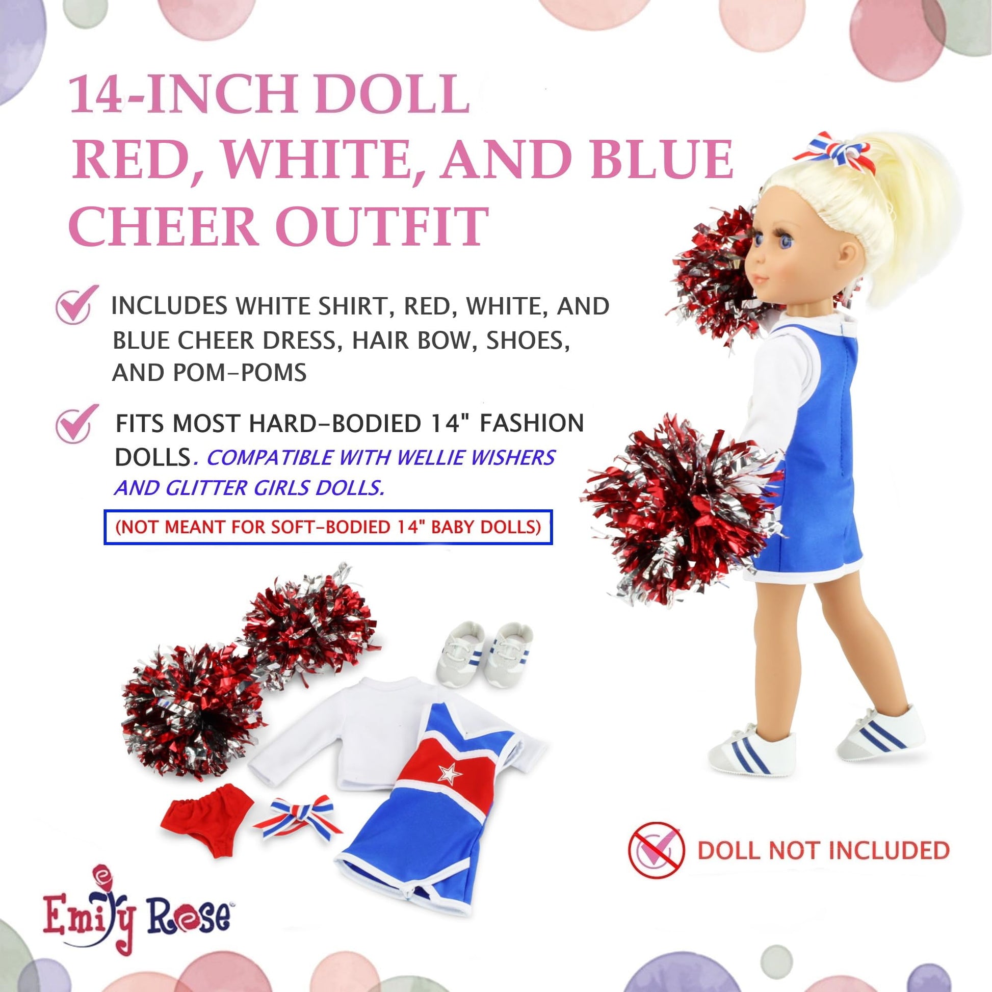 Emily Rose 14" Doll 6-Piece Complete Cheerleader Outfit Set with Pom-Poms & Gym Shoes | Matching Hair Bow & T-Shirt | Fits WellieWishers & Similar