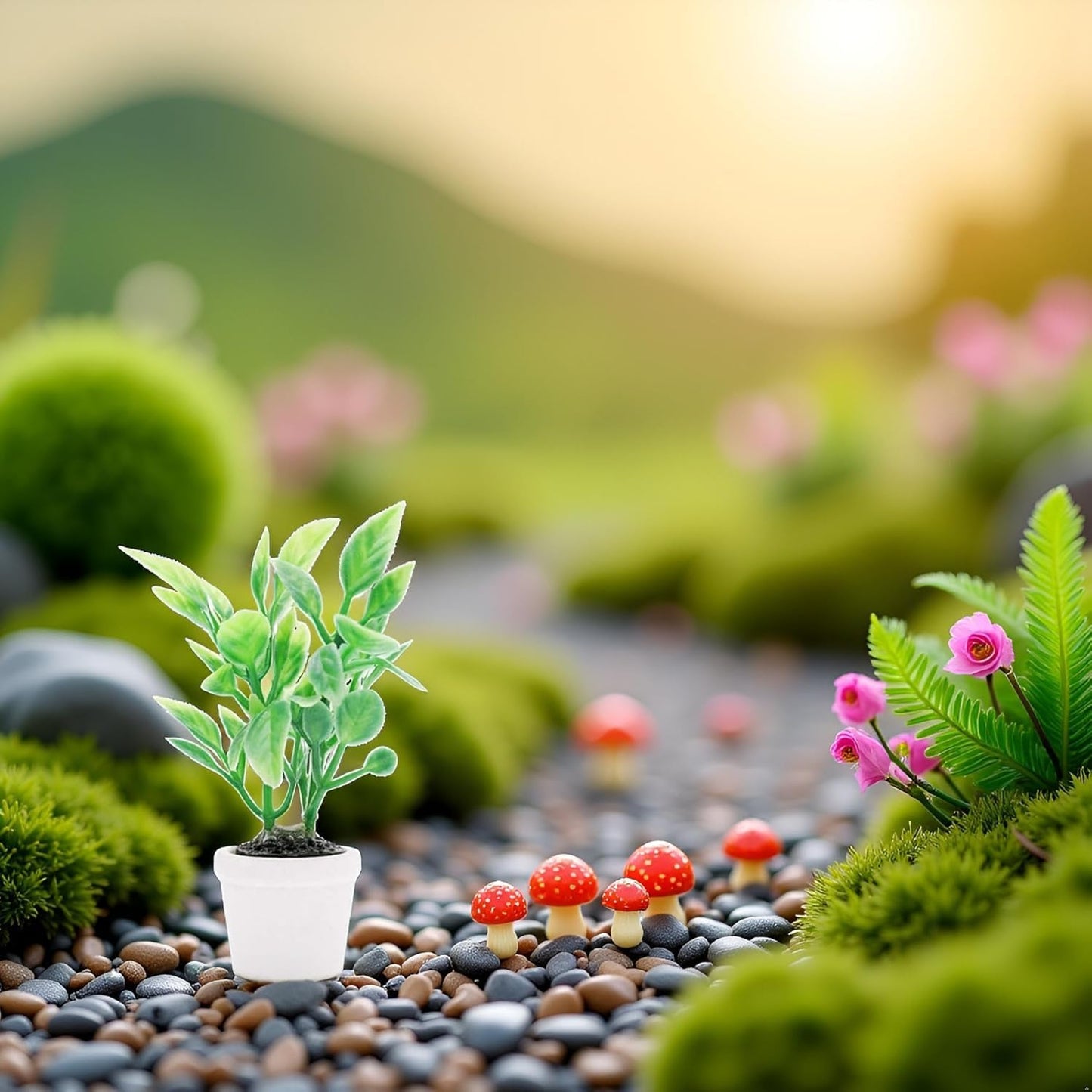 2Pcs Green Miniature Plants Dollhouse Decoration Accessories, Mini Potted Plant Artificial Tiny Greenery Ornament Miniature Hanging Potted Plant Faux