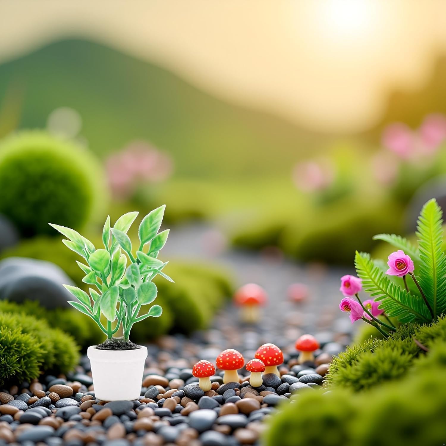2Pcs Green Miniature Plants Dollhouse Decoration Accessories, Mini Potted Plant Artificial Tiny Greenery Ornament Miniature Hanging Potted Plant Faux