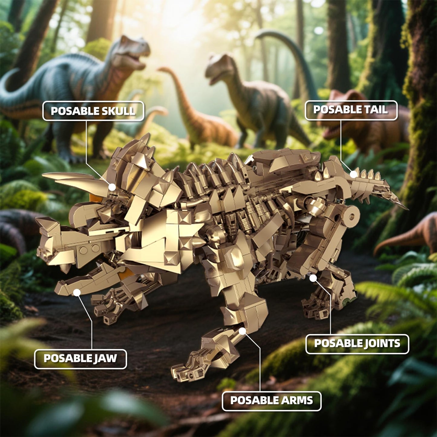 Myth Qholve Triceratops Fossil Skeleton Building Block Set Movable Dinosaur Model with Articulated Joints Educational STEM Construction Toy for Kids