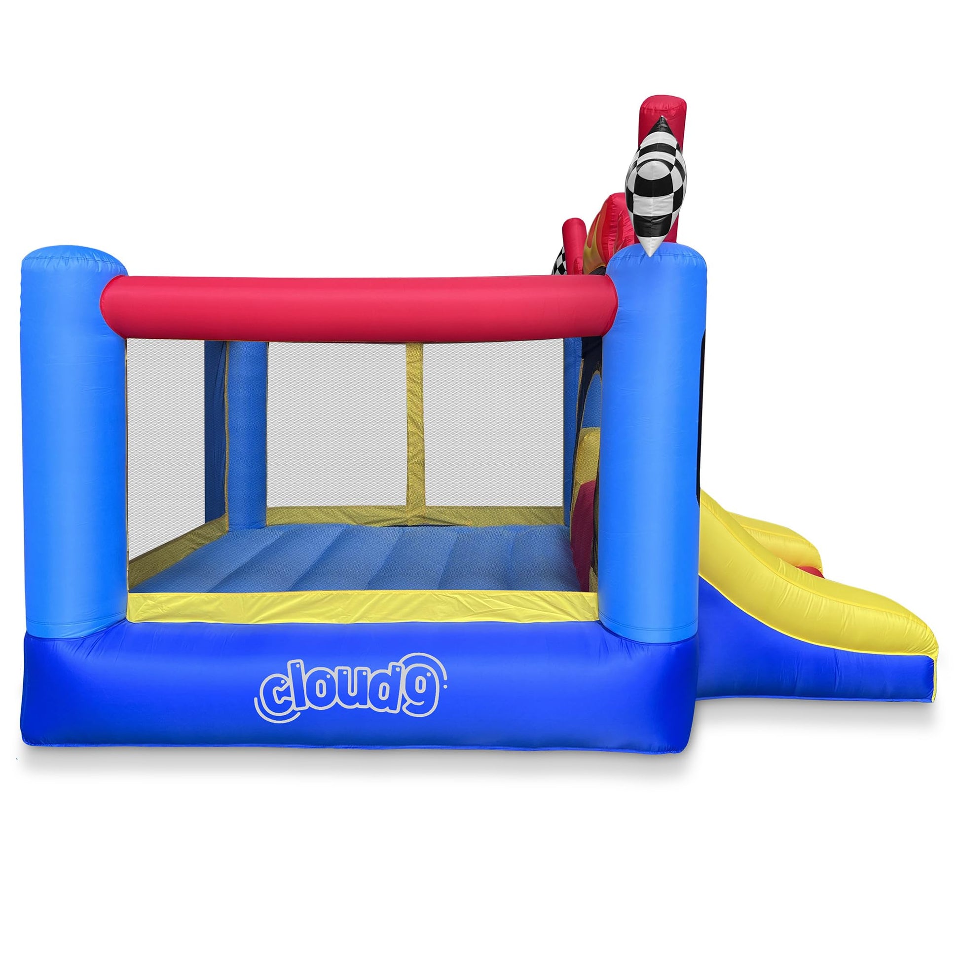 Cloud 9 Inflatable Bounce House and Blower, Race Car Track Theme Bouncer for Kids with Slide and Large Jumping Area