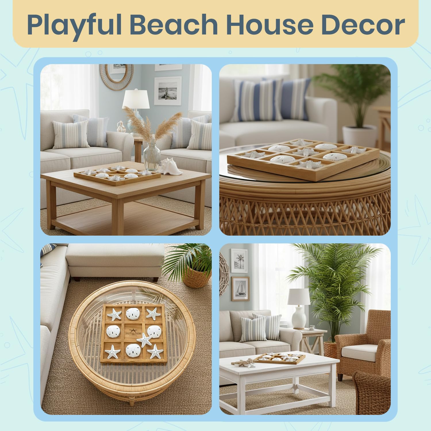 Starfish Tic Tac Toe Game - 9" x 9" - Beach Tic Tac Toe Game - Coastal Beach House Coffee Table Game Board - Tic Tac Toe Decor - Beach House Games