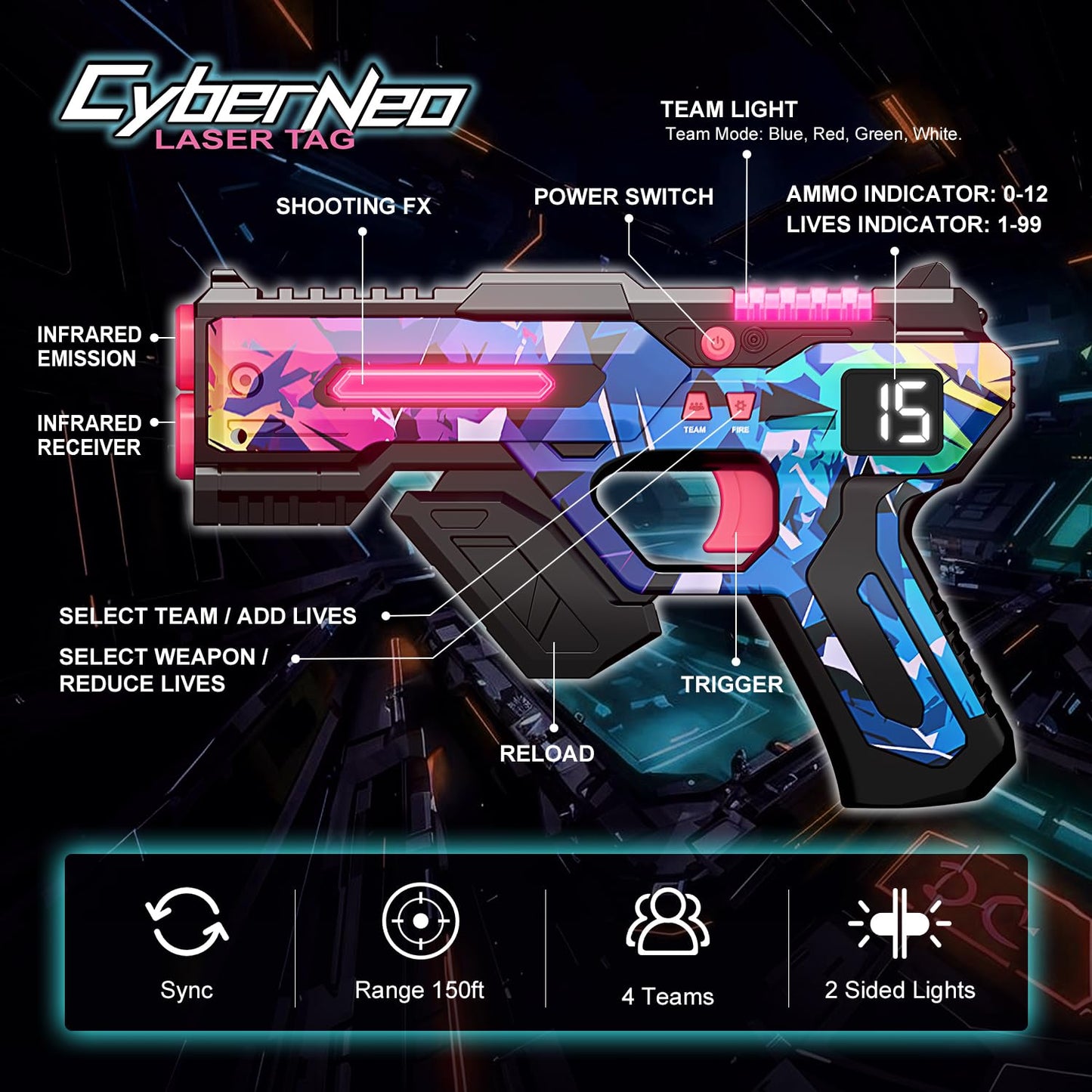 Laser Tag Set of 4, Lazer Tag Guns & Vests, Gift Ideas for Kids Teens and Adults, Cool Birthday Toys for Teenage Ages 8 9 10 11 12+Year Old Boy &