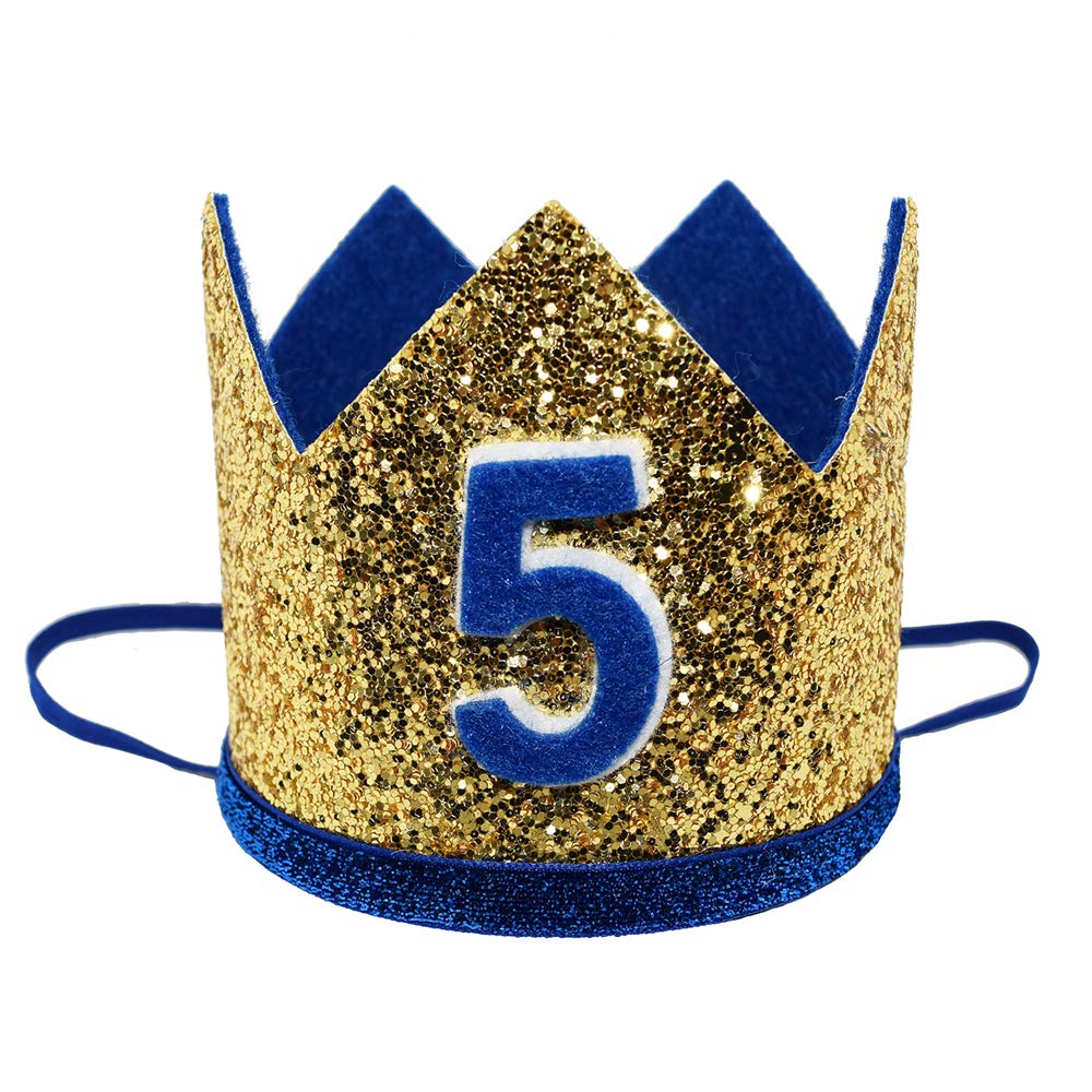 Maticr Shiny 5th Birthday Crown Baby Boy Prince Headband Party Supplies (Large Gold Royal 5)