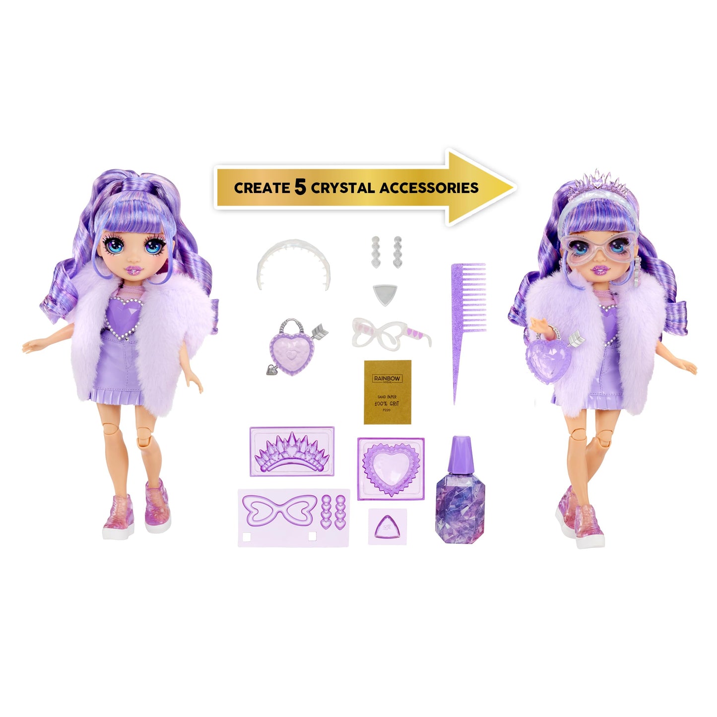 Rainbow High Creative Crystals Violet - Purple 11” Fashion Doll with Crystal Accessory Make It Kit, Ring for You, DIY, Crafts, Resin Play, Kids Gift