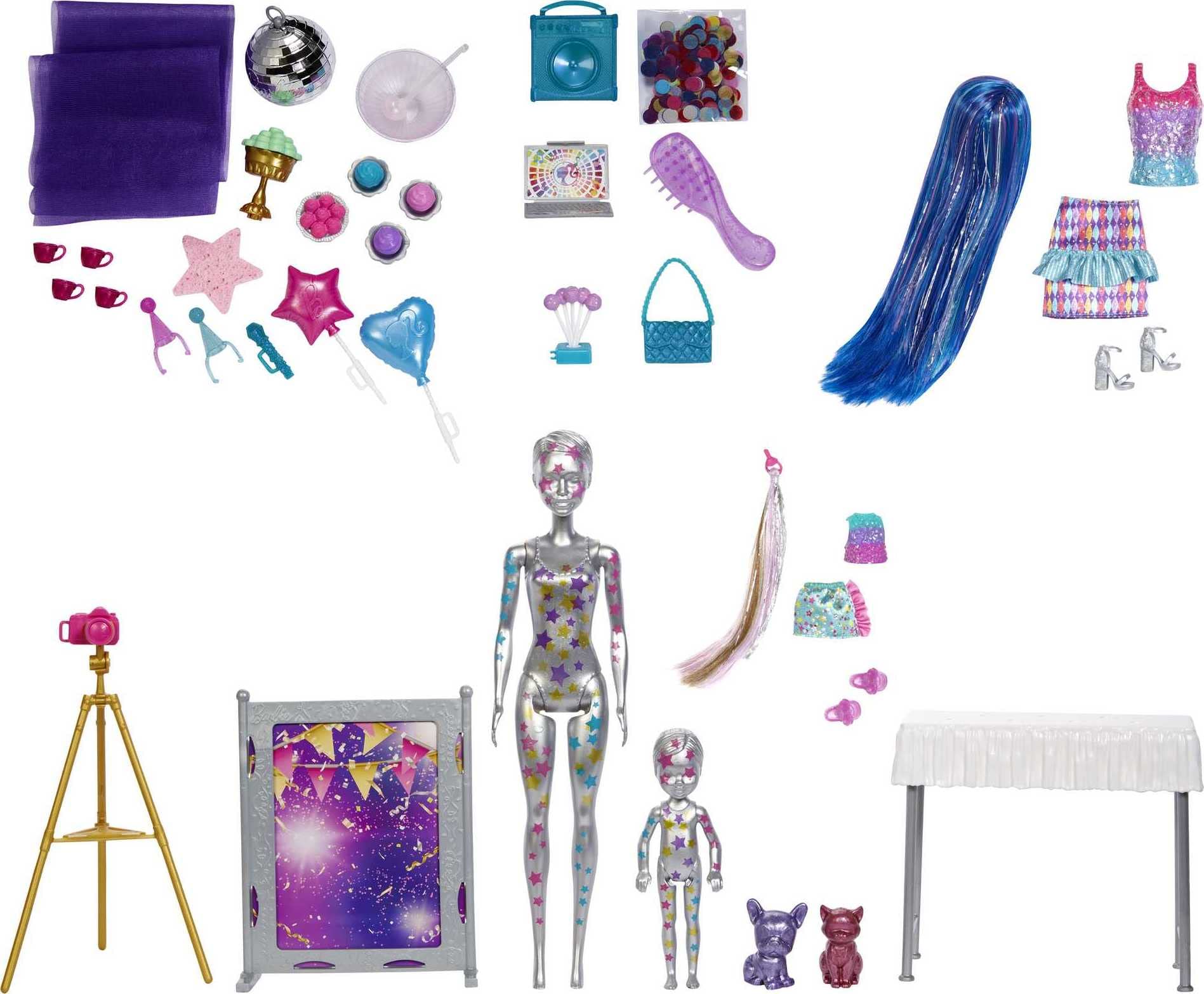 Barbie Color Reveal Surprise Party! Set with 50+ Surprises: 1 Doll, 1 Chelsea Doll, 2 Pets, 6 Color-Change Activations, Accessories & More, Dance