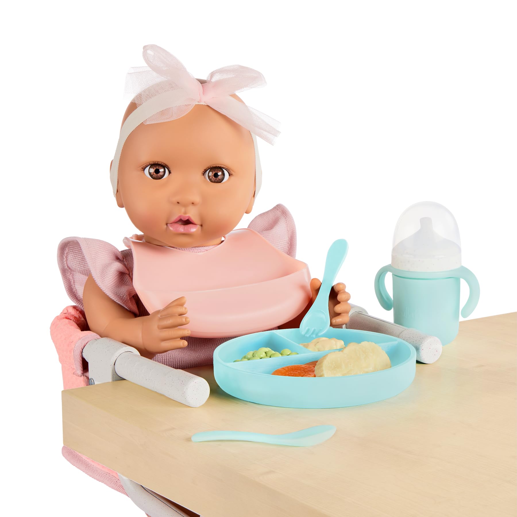 LullaBaby - Doll Clip On Table Seat - 14-inch Baby Doll Accessories - Bib & Pretend Food - Imaginative Play - Toy for Kids 2 Years +