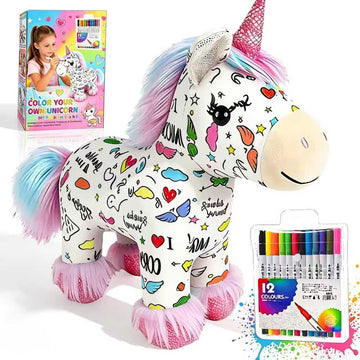 BlivEclat Coloring Unicorn Plush Toy - Paint Your Own Unicorn Doll with 12 Washable Markers, DIY Doodle Unicorns Arts & Crafts Kit for Kids Ages 6+