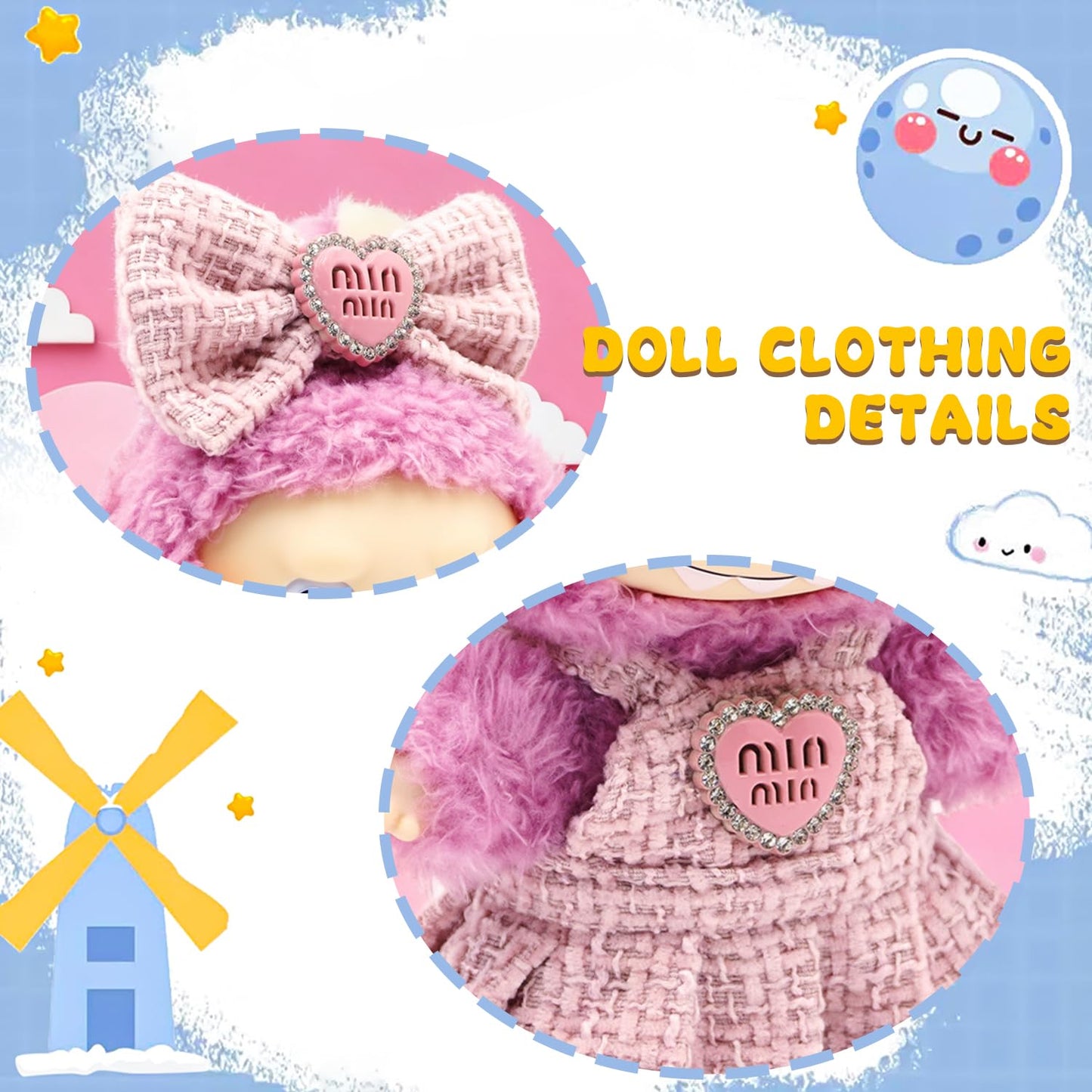 Lukxi Clothes for Lububu(NO Doll), Bowknot & Dress Set with Heart Badge, Cute Clothes for Dress up Unique Style, Stylish Clothes for Doll, Gifts