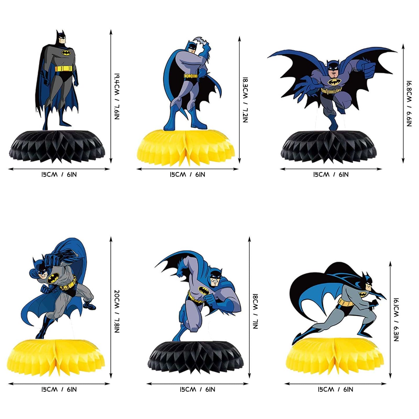 Bat-Man Birthday Party Supplies - 6pc Bat Hero Theme Table Centerpieces, Double Side Honeycomb Table Decorations, Cake Toppers, Photo Booth Props,