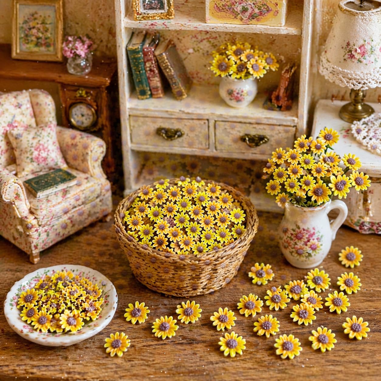 200 Pieces Tiny Sunflower for Crafts Dollhouse Miniatures Resin Mini Things Decor for Fairy Garden Micro Landscaping Decoration (Wreath)