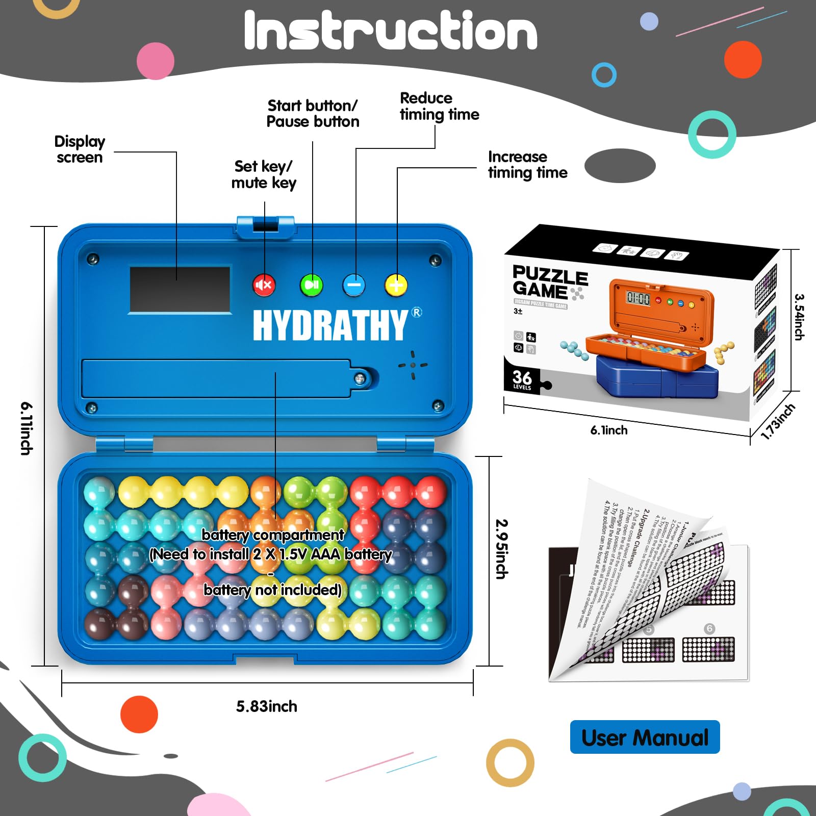Hydrathy Brain Teaser Puzzles Games for Kids Adults with Timer, 2 Modes Handheld Travel Games, Single Player Mind Challenge Toys, STEM Montessori