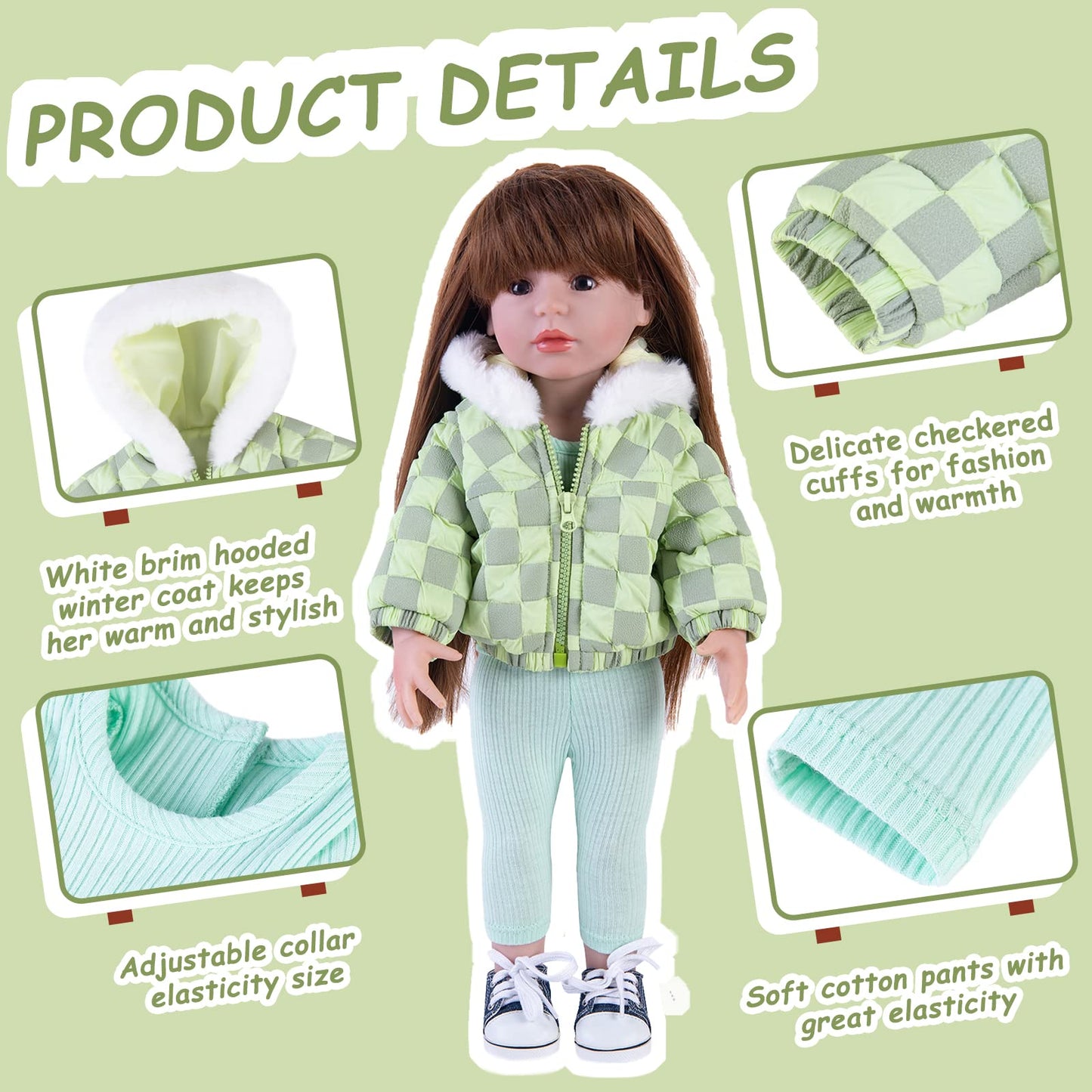 Rakki Dolli Doll Clothes 3 Pc. Set Light Green Grey Plaid Hooded Thick Coat Checkerboard Jacket with Long Sleeve, Warm Doll Outfit Hoodie Snowsuit