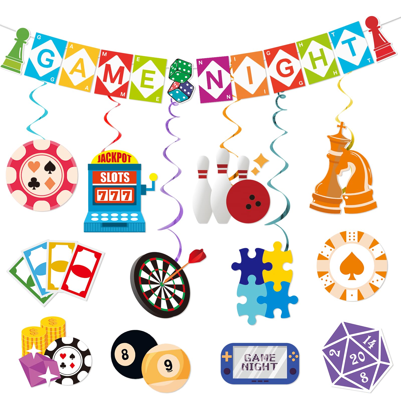 Game Night Decorations Funny Game Night Party Decorations with Chess Chess Card Game On Theme Banner Hanging Siwrls Ceiling Streamers Stickers