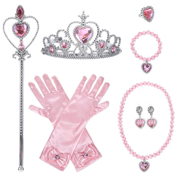 xieketn 9 Pcs Pink Princess Dress Up Accessories Set, Princess Crown Gloves Fairy Magic Wand for Halloween, Princess Jewelry with Glinda Wand