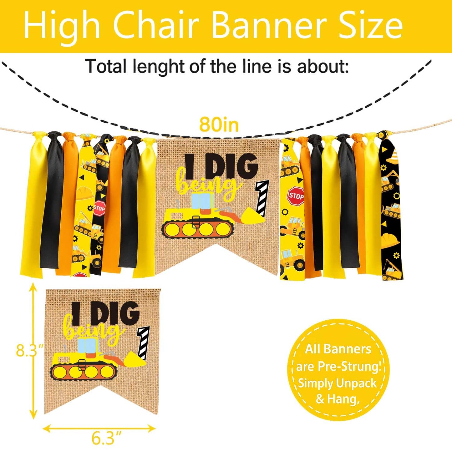 Construction 1st Birthday High Chair Banner Dump Truck/Excavator/Crane/Digger Theme One Photo Prop Cake Smash for Boys Construction One Year Old