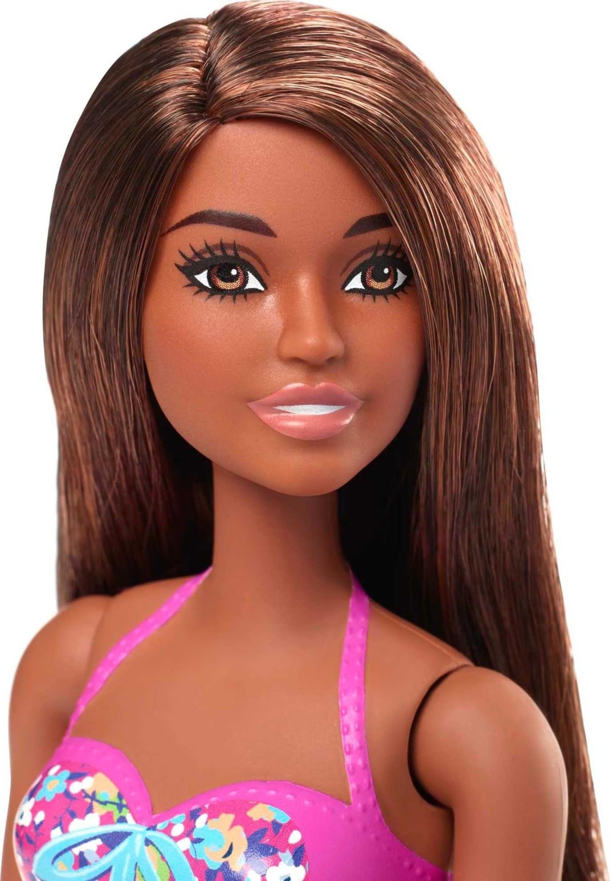 Barbie Doll & Pool Playset with Accessories that Include a Pink Slide, Beverages & Towel, Brunette Fashion Doll in Floral Swimsuit