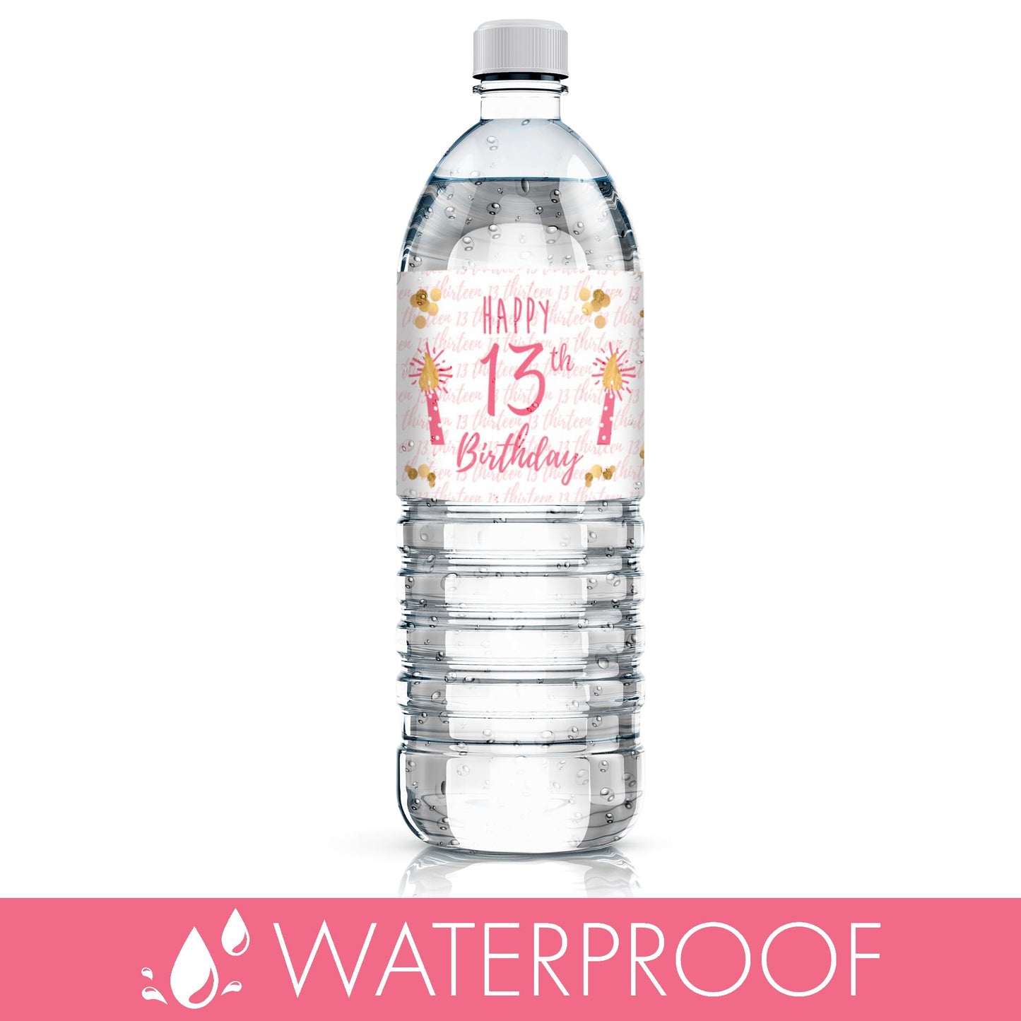 13th Birthday Water Bottle Labels - 20 Pink & Gold Waterproof Stickers for Girls Birthday Party Decorations, Supplies for Teen 13 Year Old Celebration