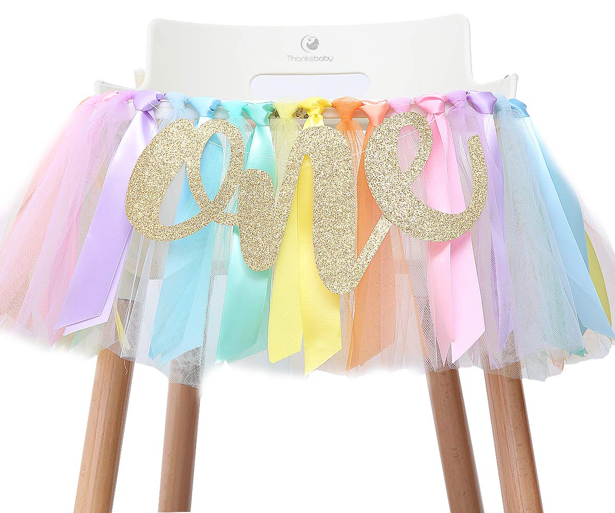 Pastel Rainbow High Chair Banner for 1st Birthday - Party Supplies with Tutu Skirt and Pennant