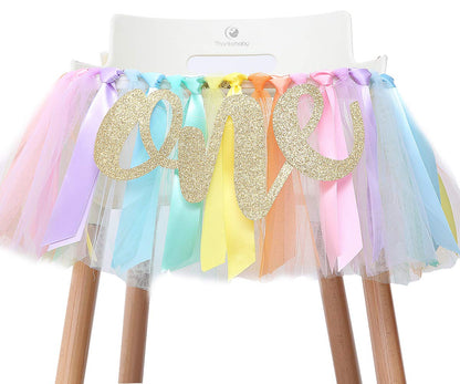 Pastel Rainbow High Chair Banner for 1st Birthday - Party Supplies with Tutu Skirt and Pennant