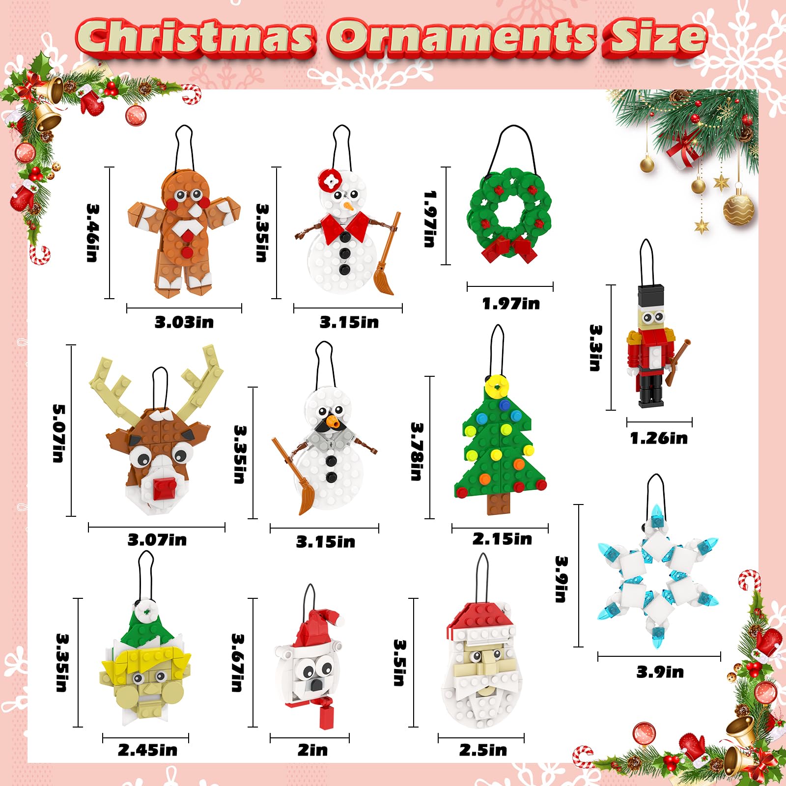 EIAVURPE Christmas Ornaments Building Set, 11-in-1 Christmas Tree, Wreath, Nutcracker, Gingerbread, Polar Bear, Snowflake, Reindeer, Santa, Stocking