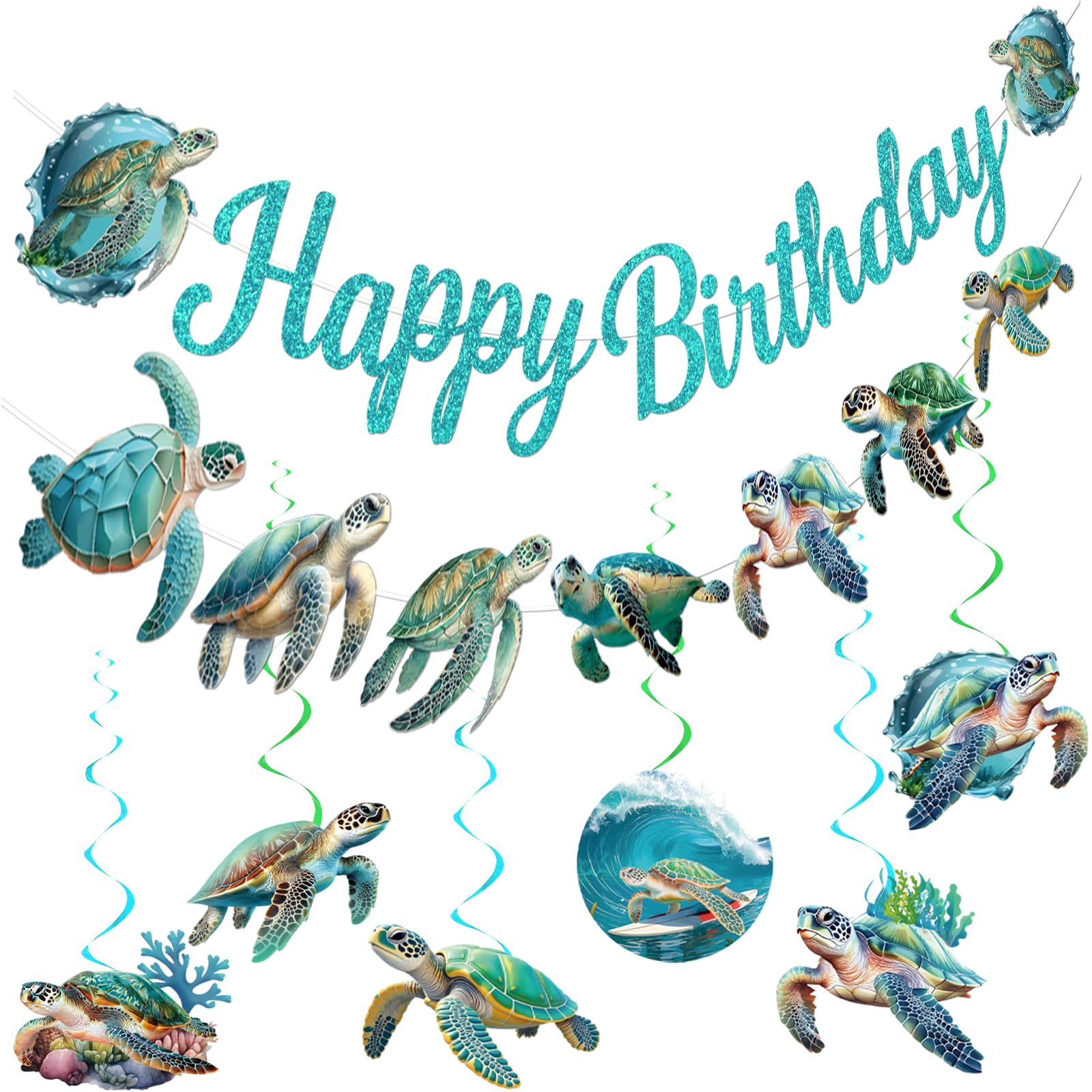 Sea Turtle Birthday Banner with Garland Hanging Swirls, Turtle Birthday Decorations for Ocean Themed Party